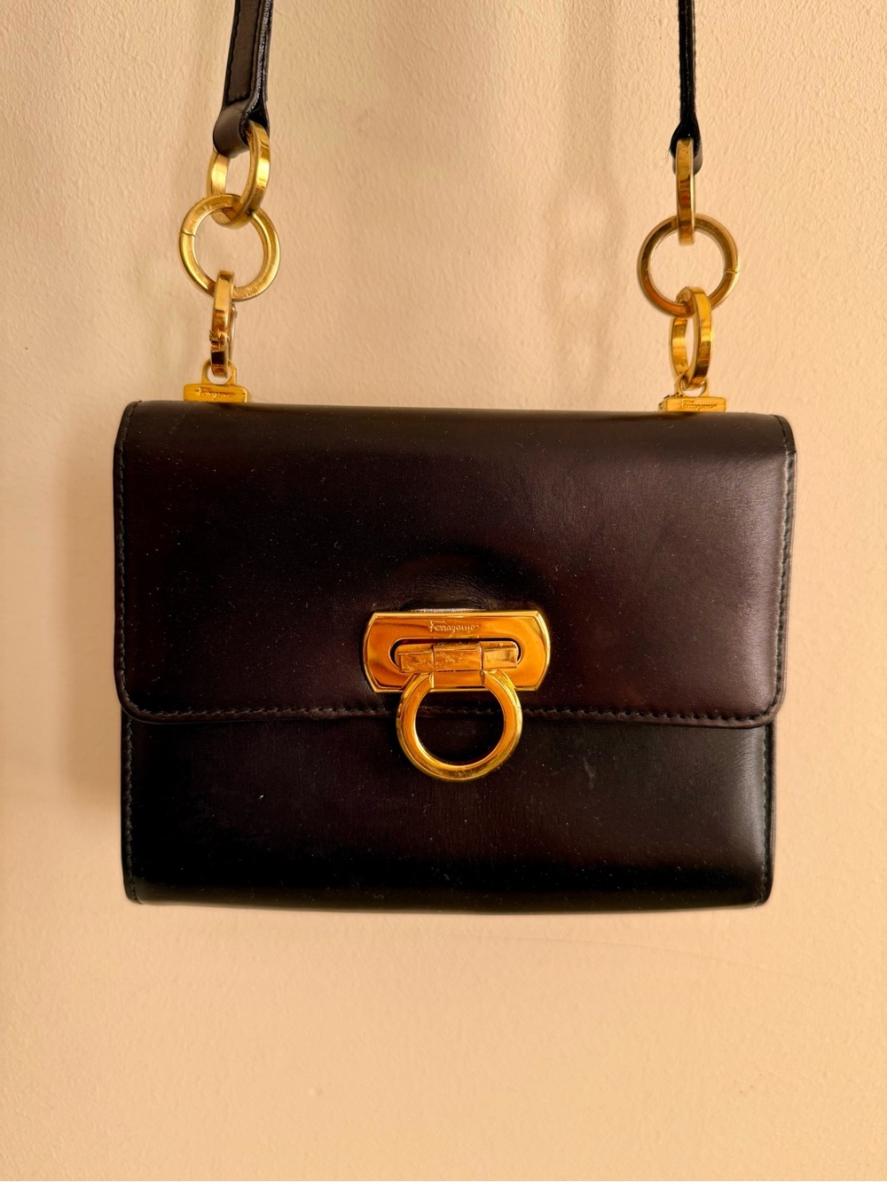 Salvatore Ferragamo Black Leather Crossbody with Gold Ring Hardware